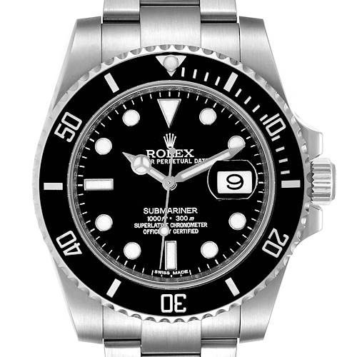 This image shows the front view of a Rolex Submariner 116610 Men's Stainless Steel Black Dial 116610 Men's Stainless Steel Black Dial watch, displaying the dial, bezel, crown, and part of the bracelet.