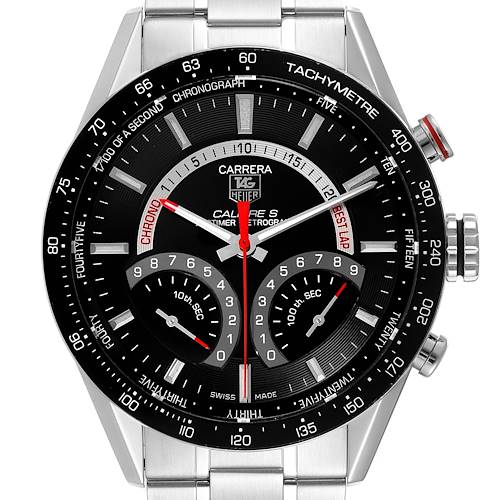The image shows a front view of the Tag Heuer Carrera CV7A10 Men's Stainless Steel Black Dial CV7A10 Men's Stainless Steel Black Dial watch, focusing on the face and bezel with tachymetre markings.