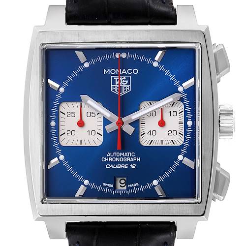 The Tag Heuer Monaco CAW2111 Men's Stainless Steel Blue Dial CAW2111 Men's Stainless Steel Blue Dial watch is shown from a front angle, displaying the dial, subdials, hands, and crown.