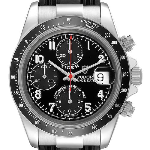 This is a front view of the Tudor Tiger 79260 Men's Stainless Steel Black Dial 79260 Men's Stainless Steel Black Dial model watch featuring its chronograph, date window, and bezel with tachymeter scale.