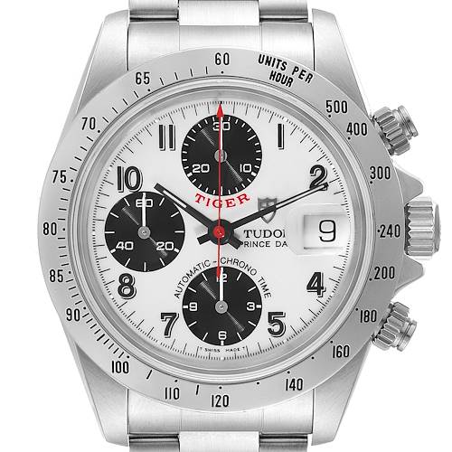 The image shows a front view of the Tudor Prince model watch, highlighting its chronograph dials, date window, and tachymeter bezel.