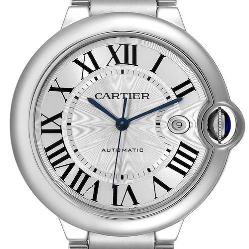 This image shows a front view of the Cartier Ballon Bleu W69012Z4 Men's Stainless Steel Silver Dial W69012Z4 Men's Stainless Steel Silver Dial watch, highlighting its dial, Roman numerals, and crown.