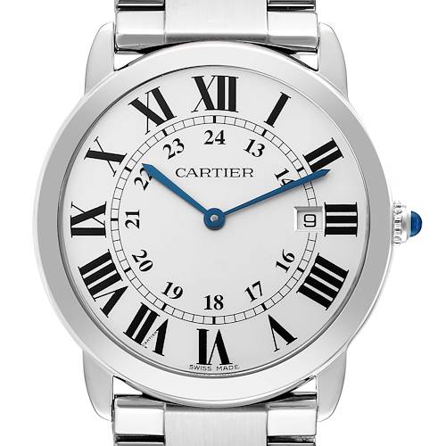 The Cartier Ronde W6701005 Men's Stainless Steel Silver Dial W6701005 Men's Stainless Steel Silver Dial watch is shown front-facing, displaying the dial, hands, bracelet, and part of the crown.