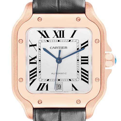 The Cartier Santos WGSA0011 Men's Rose Gold Silver Dial watch is shown front-on, displaying the face, bezel, and part of the strap.