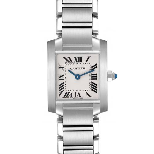The Cartier Tank Française watch is shown from a front angle, displaying its Roman numeral dial and stainless steel bracelet.
