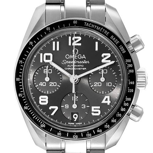 The image shows a front view of the Omega Speedmaster 324.30.38.40.06.001 Men's Stainless Steel Grey Dial 324.30.38.40.06.001 Men's Stainless Steel Grey Dial watch, highlighting the dial, subdials, and tachymeter bezel.