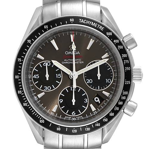The image shows a front view of an Omega Speedmaster 323.30.40.40.06.001 Men's Stainless Steel Grey Dial 323.30.40.40.06.001 Men's Stainless Steel Grey Dial watch, highlighting its dial, subdials, tachymeter bezel, and metal bracelet.