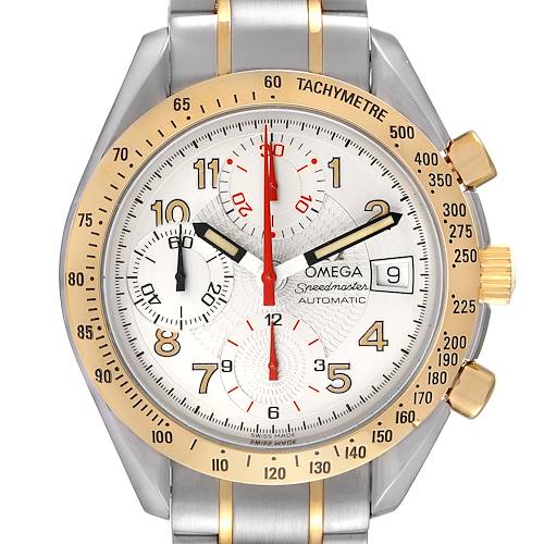 This Omega Speedmaster 3313.33.00 Men's Steel and Gold (two tone) White Dial 3313.33.00 Men's Steel and Gold (two tone) White Dial watch is shown from a straight-on angle displaying its dial, tachymeter bezel, and bracelet.