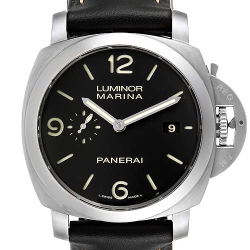 The image shows a front view of the Panerai Luminor PAM00312 Men's Stainless Steel Black Dial PAM00312 Men's Stainless Steel Black Dial Marina watch, displaying its black dial, numeral markers, and date window.