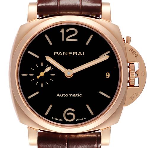 The image shows a front view of the Panerai Luminor PAM01029 Men's Rose Gold Black Dial PAM01029 Men's Rose Gold Black Dial watch, highlighting the dial, hands, and distinctive crown guard.