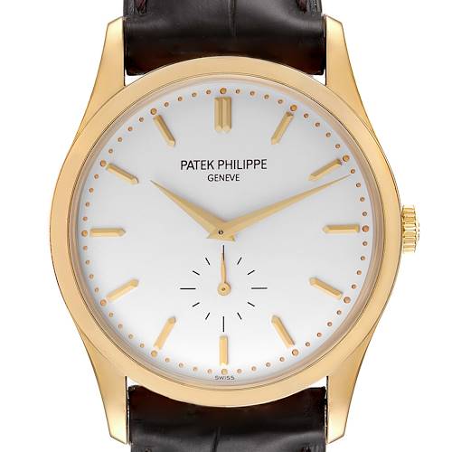 This image shows a frontal view of the Patek Philippe Calatrava 5196J Men's Yellow Gold Silver Dial 5196J Men's Yellow Gold Silver Dial watch, displaying its face, hands, and leather strap.