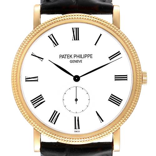 The image shows a front view of the Patek Philippe Calatrava 5119J Men's Yellow Gold White Dial 5119J Men's Yellow Gold White Dial watch, highlighting its dial, bezel, and leather strap.