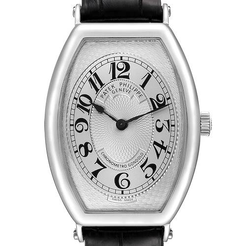 The image shows a front view of the Patek Philippe Gondolo 5098P Men's Platinum Silver Dial 5098P Men's Platinum Silver Dial watch, highlighting the face, dial, and part of the leather strap.