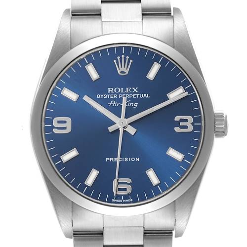 The Rolex Air-King 14000M Men's Stainless Steel Blue Dial 14000M Men's Stainless Steel Blue Dial watch is shown from a front view, displaying its stainless steel case, blue dial, and bracelet.