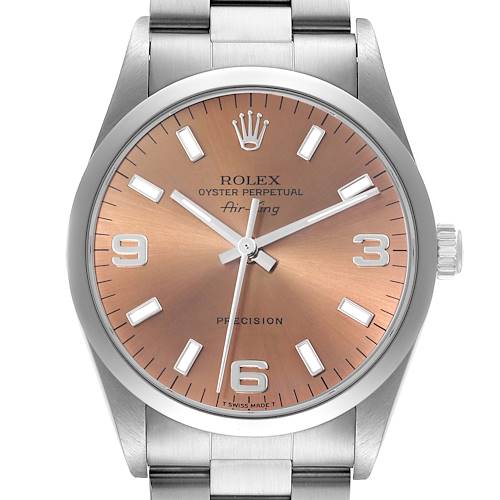 The Rolex Air-King 14000 Men's Stainless Steel Pink Dial 14000 Men's Stainless Steel Pink Dial watch is shown from a front angle, displaying the full face and part of the bracelet.