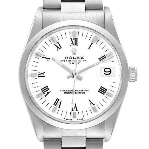 The Rolex Date 15200 Men's Stainless Steel White Dial 15200 Men's Stainless Steel White Dial model is shown from a front angle, revealing the face, bezel, crown, and part of the bracelet.