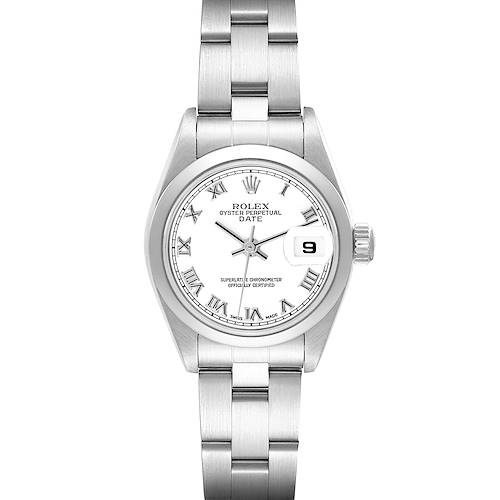 The Rolex Date 79160 Women's Stainless Steel White Dial 79160 Women's Stainless Steel White Dial model is shown from a top view, displaying the dial, bracelet, and crown.