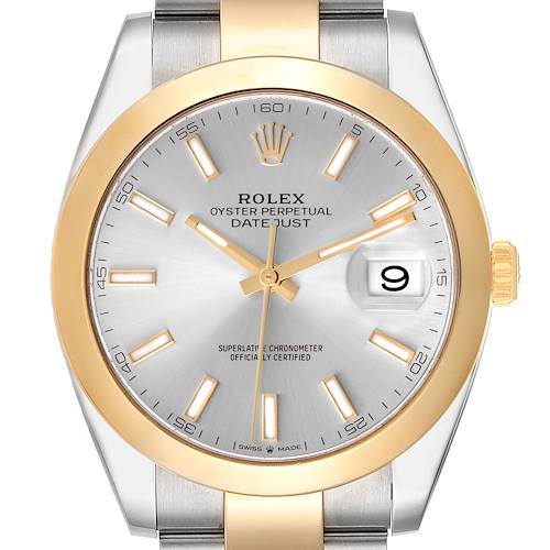 The Rolex Datejust 41 126303 Men's Steel and Gold (two tone) Silver Dial 126303 Men's Steel and Gold (two tone) Silver Dial is shown from a front angle, highlighting the dial, bezel, and part of the bracelet.