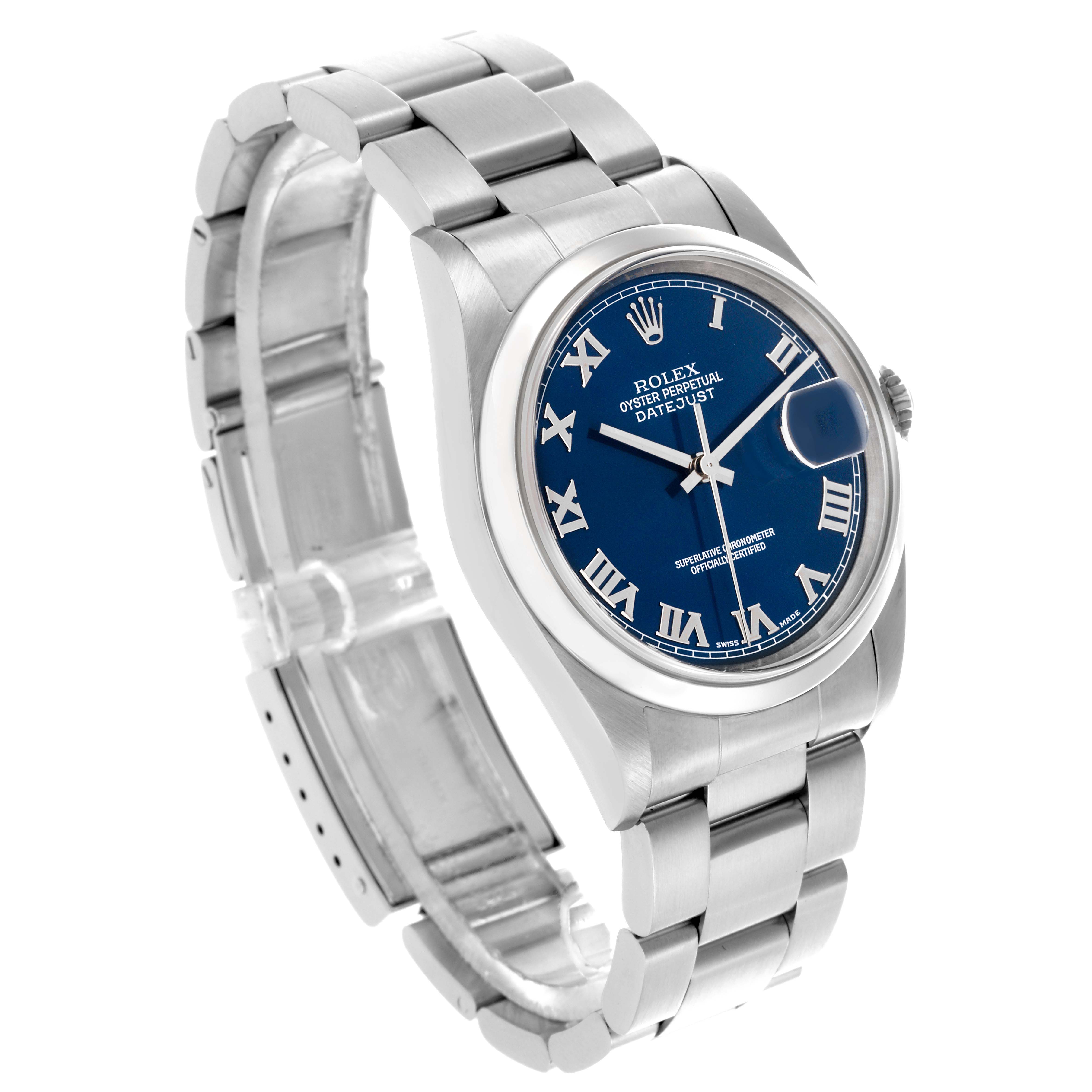 The Rolex Datejust 16200 Men's Stainless Steel Blue Dial 16200 Men's Stainless Steel Blue Dial watch is shown at a three-quarter angle, highlighting the dial, bezel, crown, and bracelet.