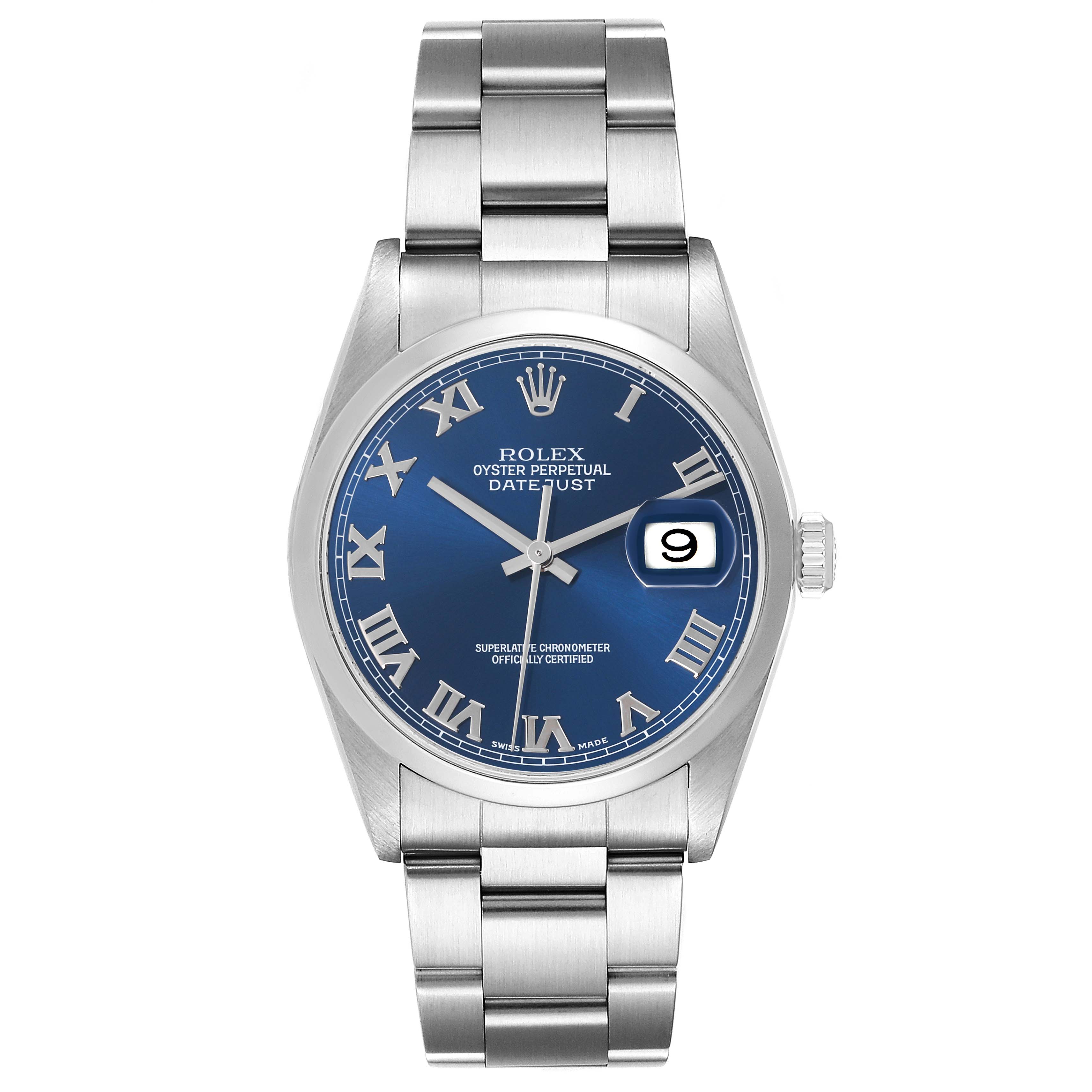 The Rolex Datejust 16200 Men's Stainless Steel Blue Dial 16200 Men's Stainless Steel Blue Dial watch is shown from the front, highlighting the dial, case, bracelet, and date feature.