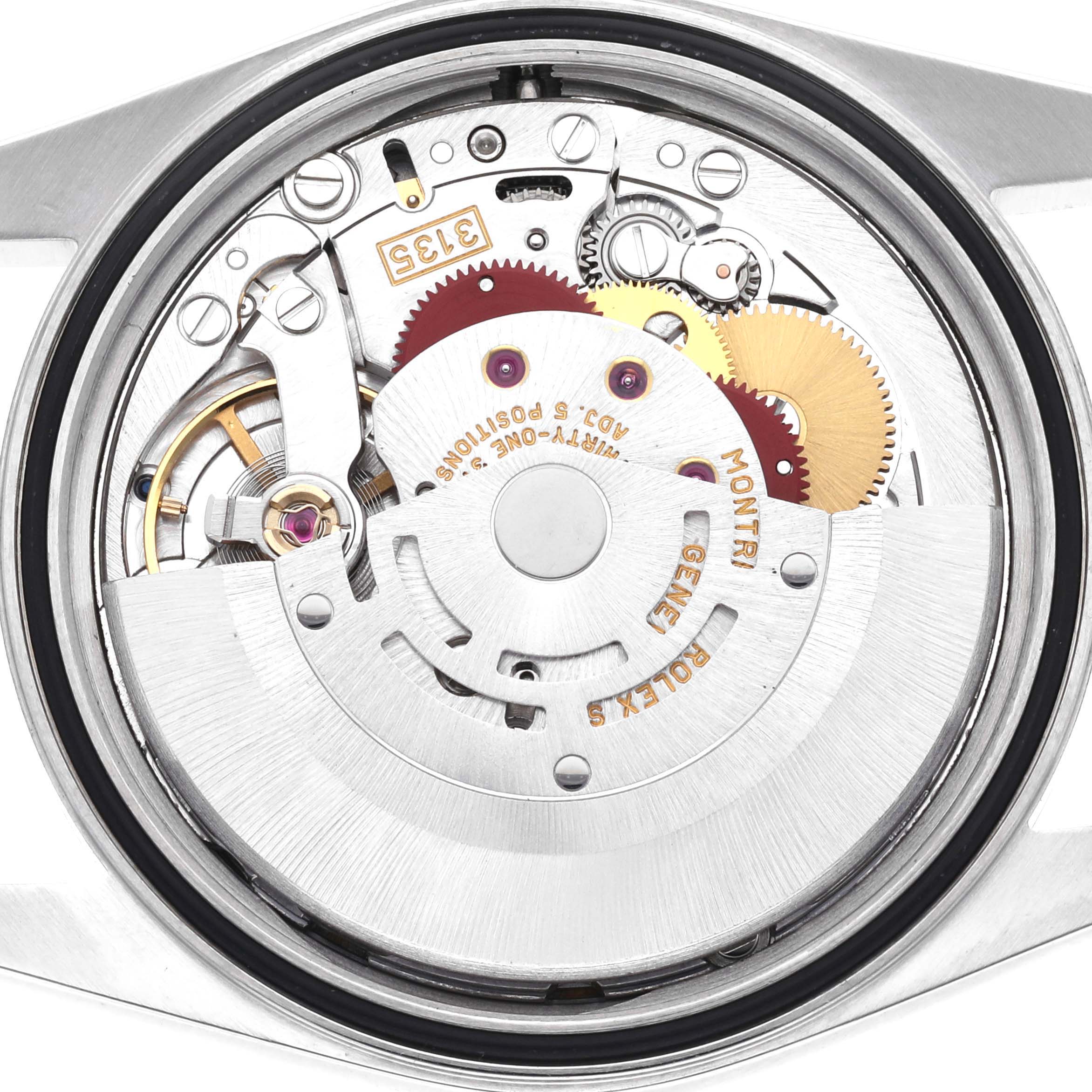 The image shows the detailed movement of a Rolex Datejust 16200 Men's Stainless Steel Blue Dial 16200 Men's Stainless Steel Blue Dial watch from the back.