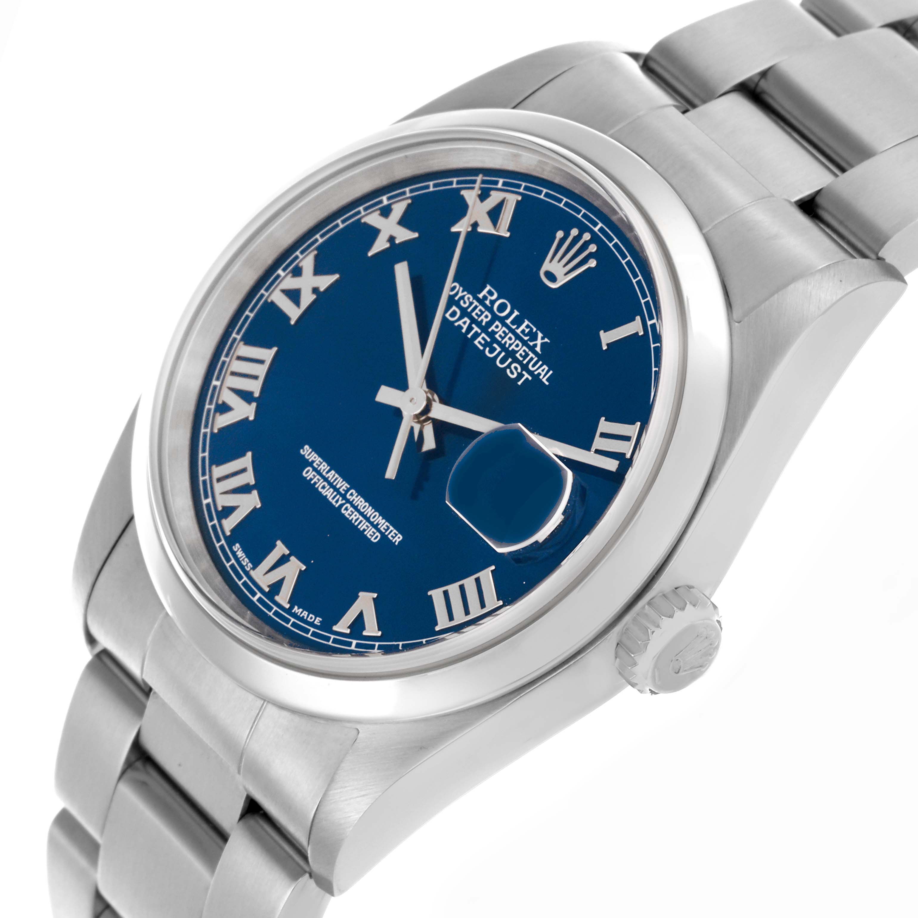 The Rolex Datejust 16200 Men's Stainless Steel Blue Dial 16200 Men's Stainless Steel Blue Dial watch is shown at a slight angle, highlighting the dial, crown, and part of the bracelet.