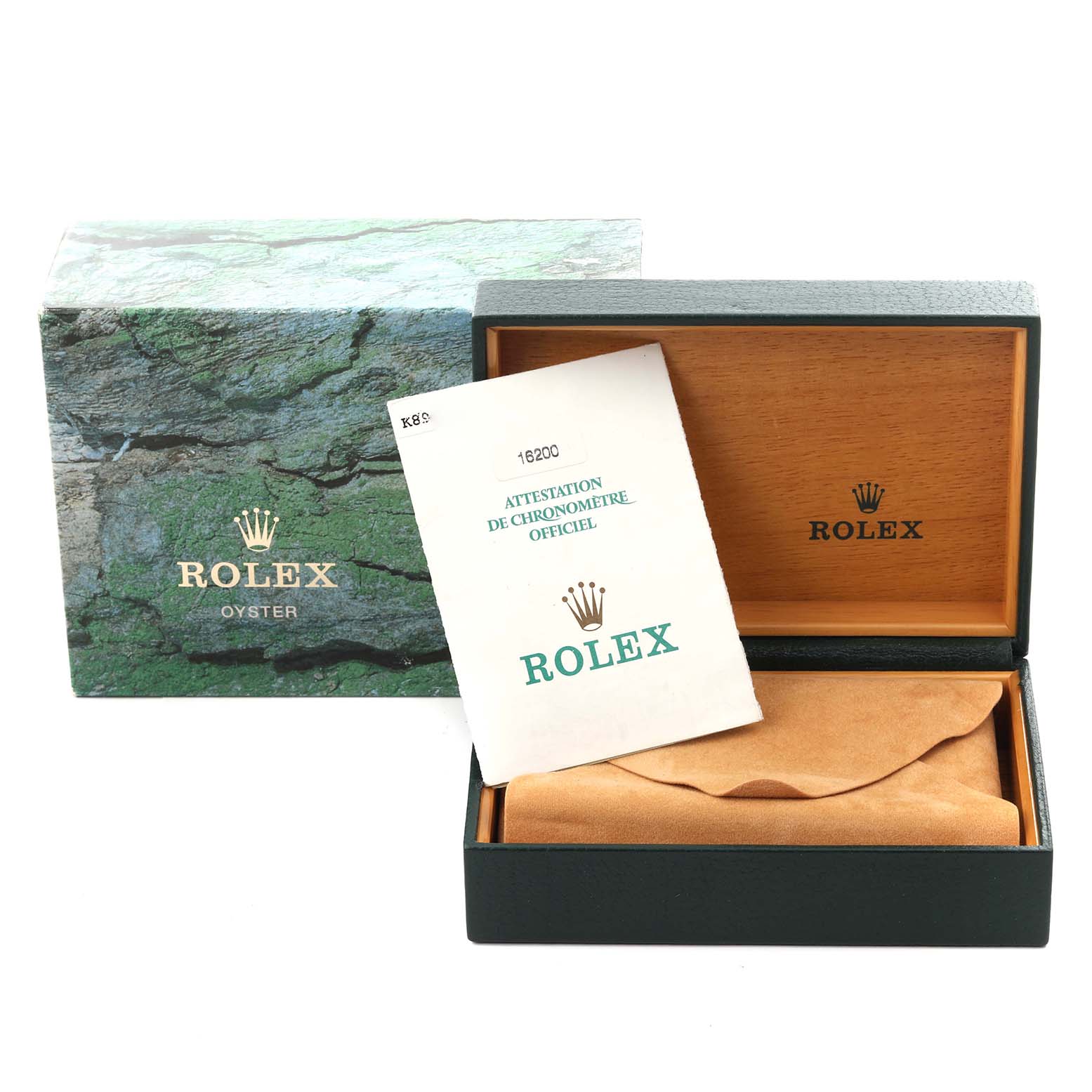 The image shows the packaging and warranty card for a Rolex Datejust 16200 Men's Stainless Steel Blue Dial 16200 Men's Stainless Steel Blue Dial, including the box and documents.
