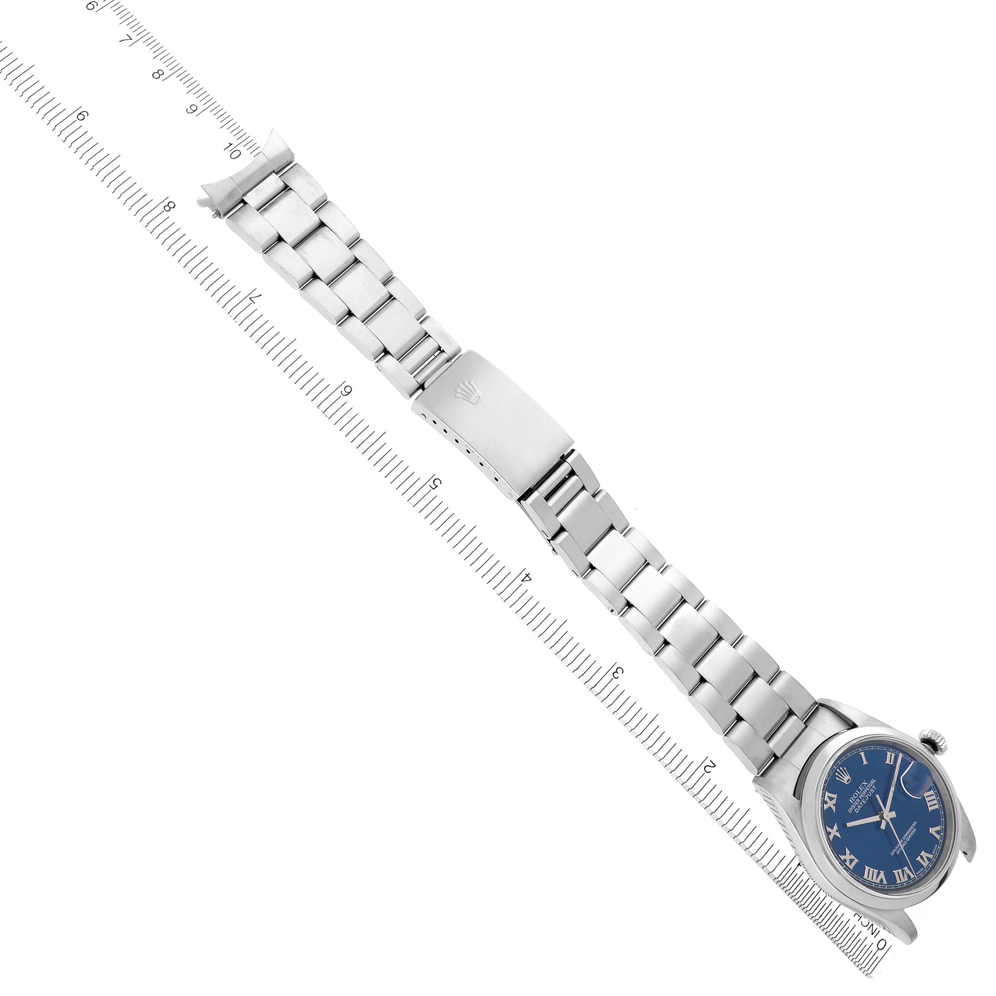The Rolex Datejust 16200 Men's Stainless Steel Blue Dial 16200 Men's Stainless Steel Blue Dial watch is shown from above, with the full bracelet and clasp visible.
