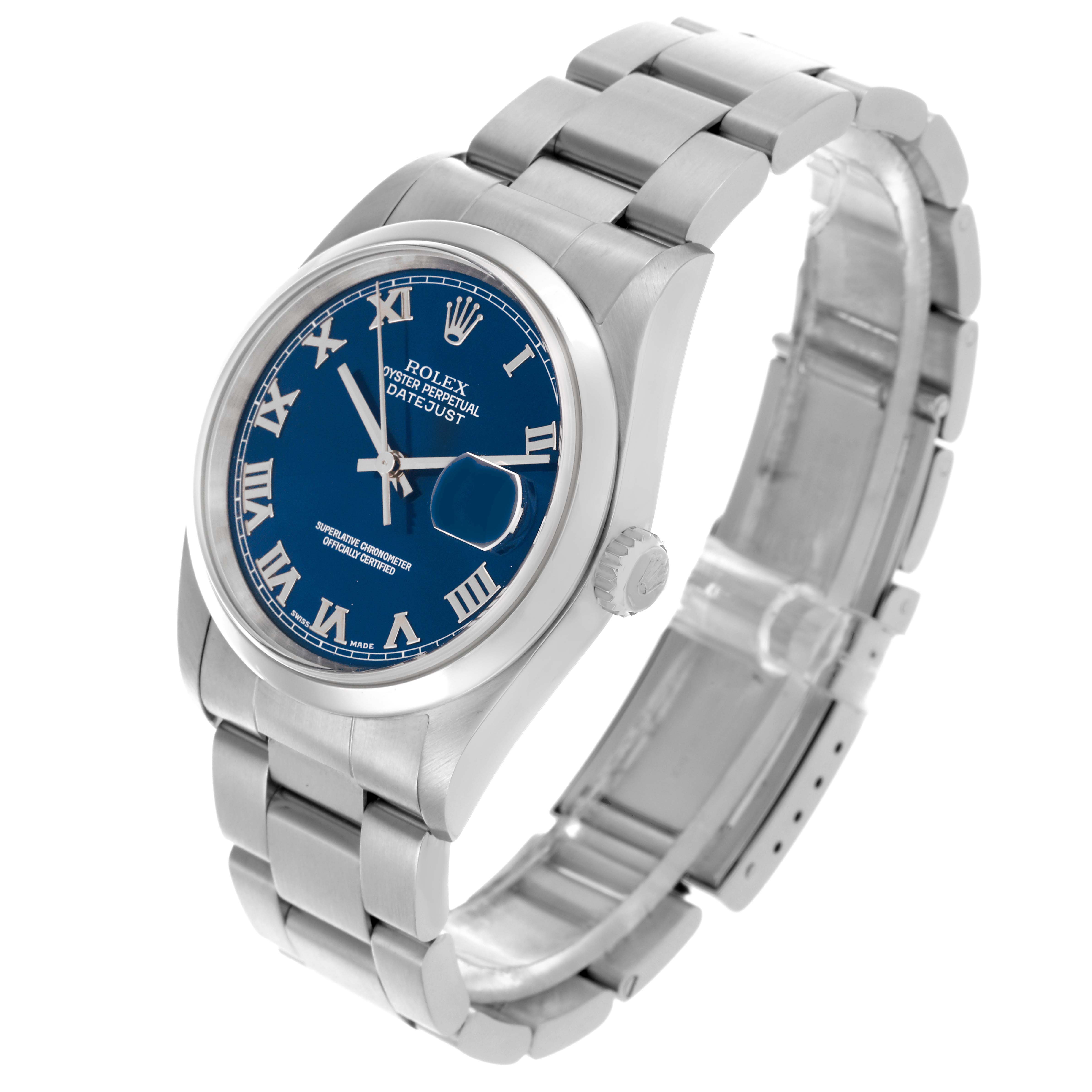 The Rolex Datejust 16200 Men's Stainless Steel Blue Dial 16200 Men's Stainless Steel Blue Dial is shown at a slight angle, highlighting the blue dial, bracelet, and crown.