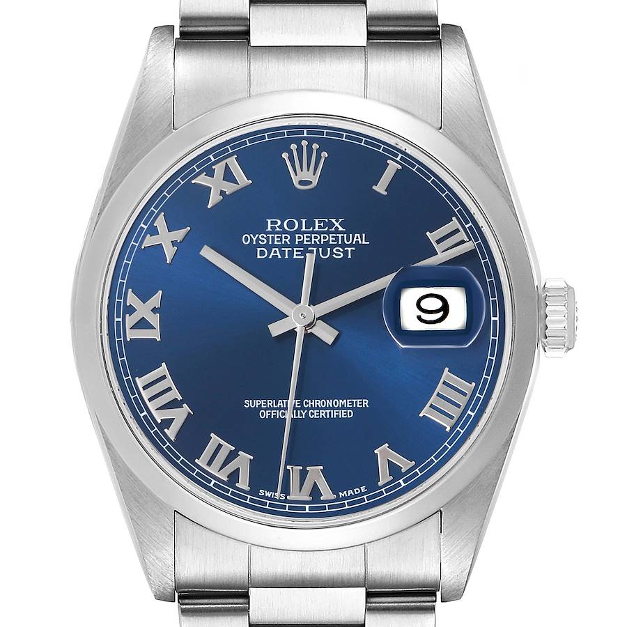 The Rolex Datejust 16200 Men's Stainless Steel Blue Dial 16200 Men's Stainless Steel Blue Dial watch is shown from a front angle, displaying the blue dial, Roman numerals, and date window.