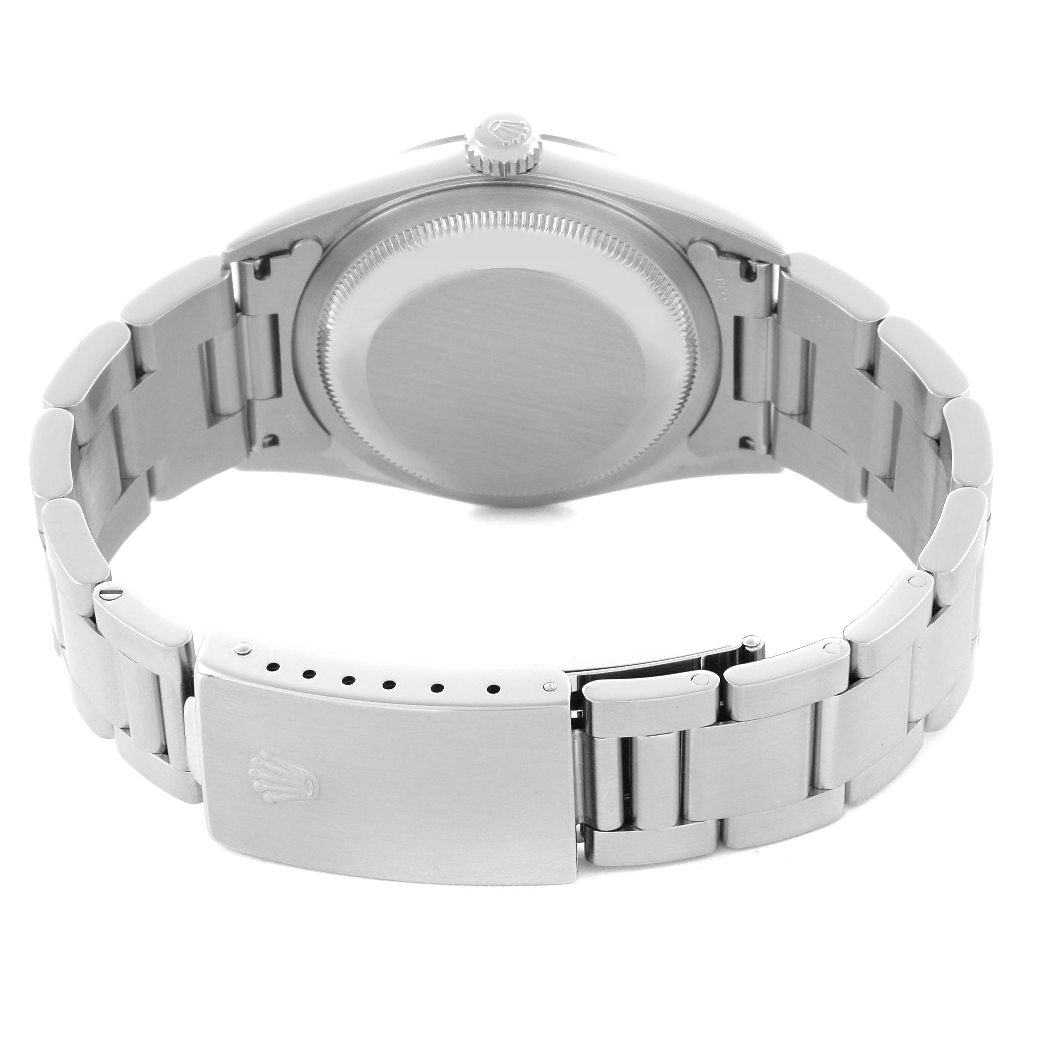 The image shows the back and bracelet clasp of a Rolex Datejust 16200 Men's Stainless Steel Blue Dial 16200 Men's Stainless Steel Blue Dial watch, with the crown and caseback visible.