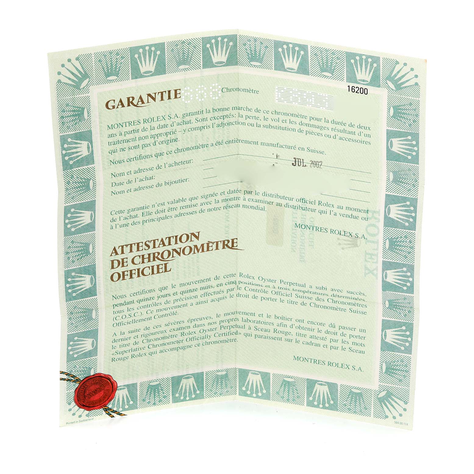 The image shows a certificate for a Rolex Datejust 16200 Men's Stainless Steel Blue Dial 16200 Men's Stainless Steel Blue Dial watch, featuring warranty details and brand logos.