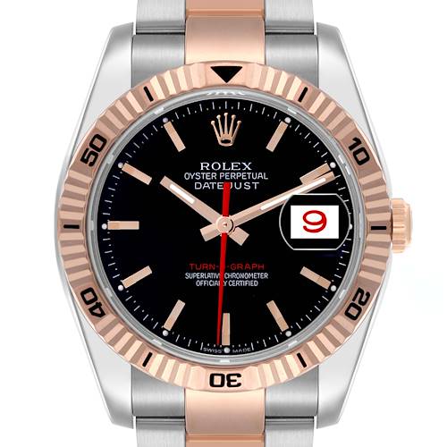 The Rolex Turn-o-Graph 116261 Men's Steel and Gold (two tone) Black Dial 116261 Men's Steel and Gold (two tone) Black Dial watch is shown from a front angle, displaying the bezel, dial, and part of the bracelet.