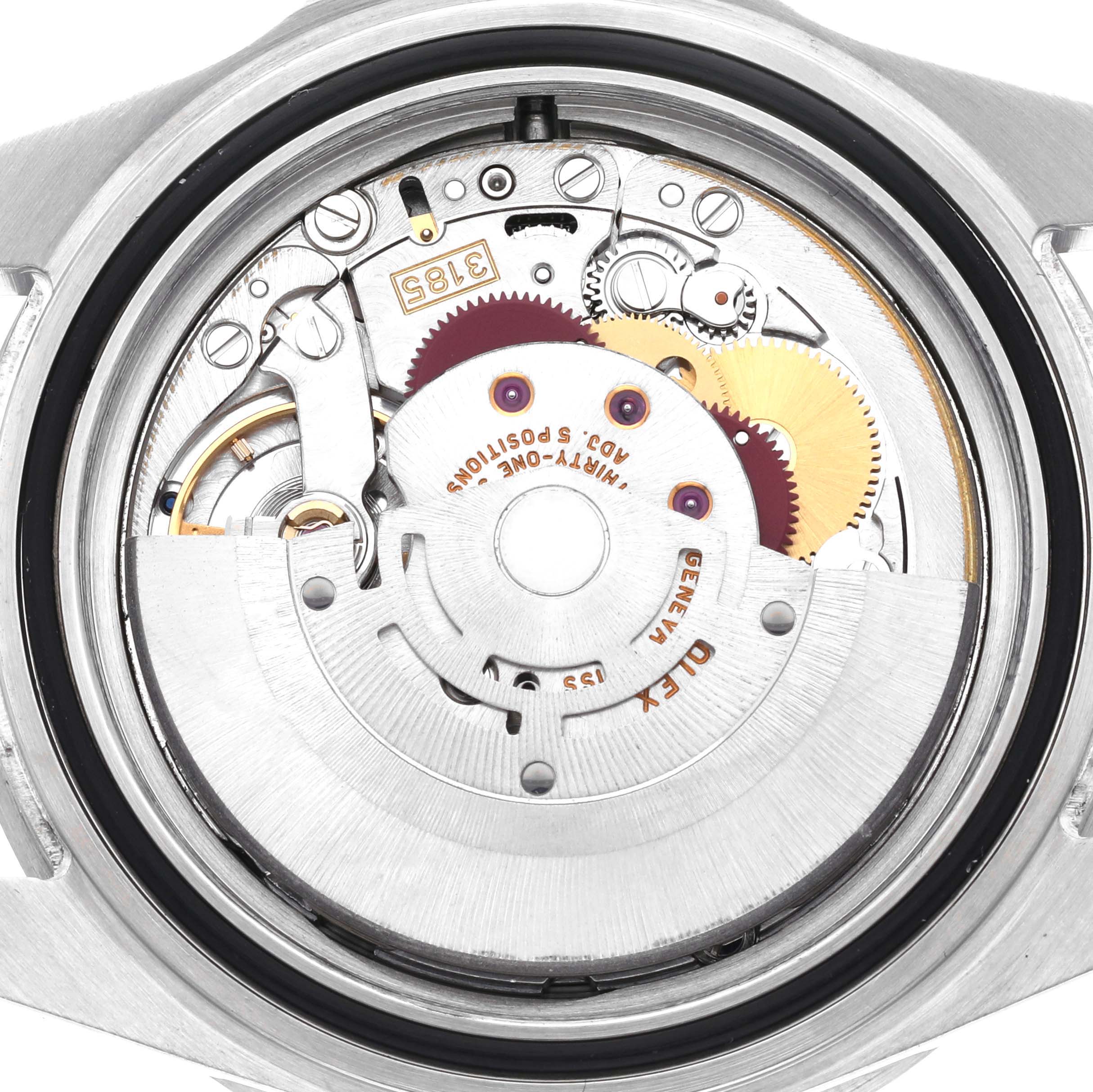 The image shows the movement of a Rolex GMT-Master 16710 Men's Stainless Steel Black Dial 16710 Men's Stainless Steel Black Dial watch from the back case angle.