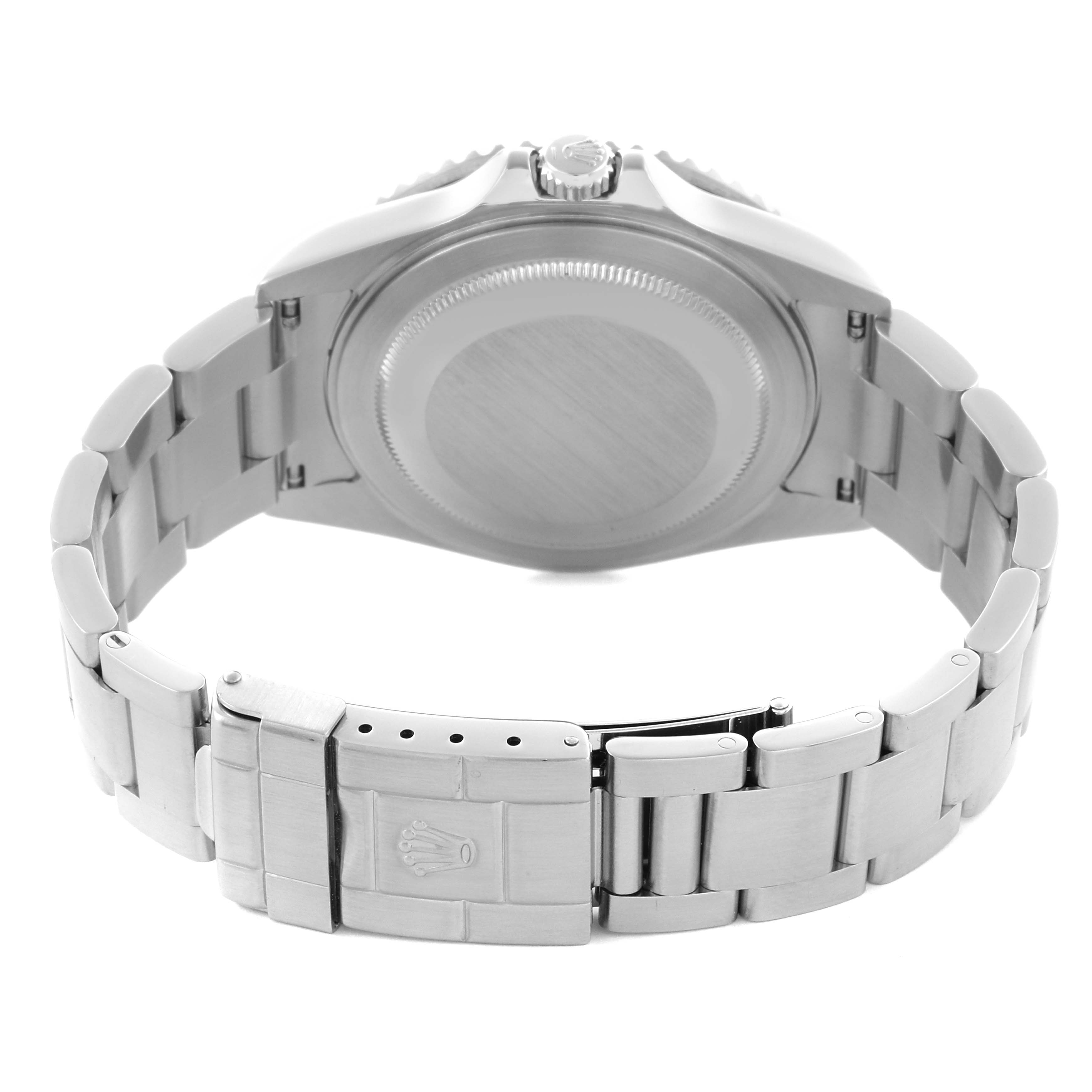 The image shows the back view of a Rolex GMT-Master 16710 Men's Stainless Steel Black Dial 16710 Men's Stainless Steel Black Dial, highlighting the case back and bracelet with the clasp open.