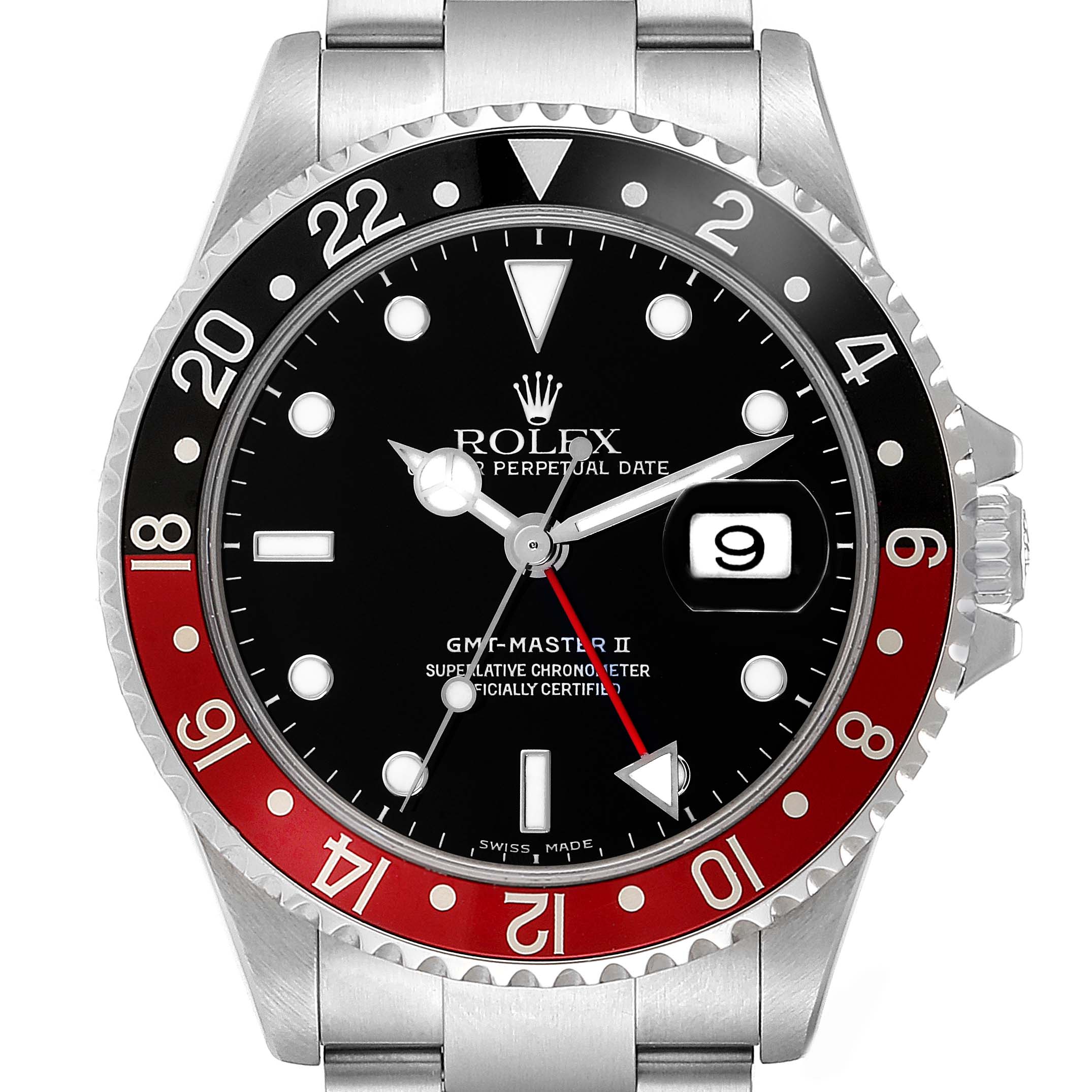 The Rolex GMT-Master 16710 Men's Stainless Steel Black Dial 16710 Men's Stainless Steel Black Dial watch is shown from the front, displaying the bezel, dial, hands, and date magnifier.