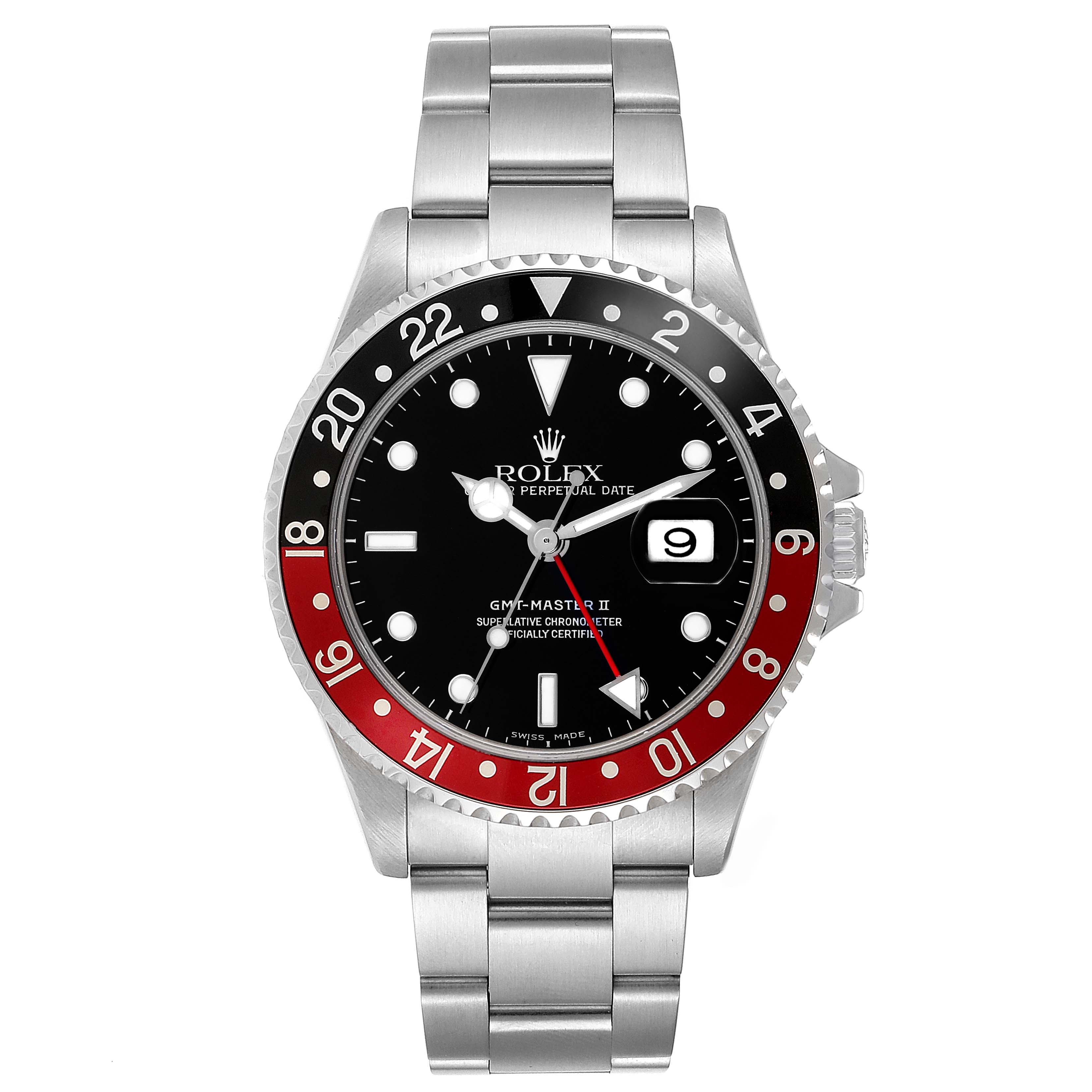 The Rolex GMT-Master 16710 Men's Stainless Steel Black Dial 16710 Men's Stainless Steel Black Dial watch is shown from a front angle, displaying the face, bezel, and bracelet.