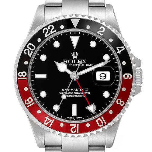 The Rolex GMT-Master 16710 Men's Stainless Steel Black Dial 16710 Men's Stainless Steel Black Dial watch is shown from a front angle displaying the face, bezel, crown, and part of the bracelet.