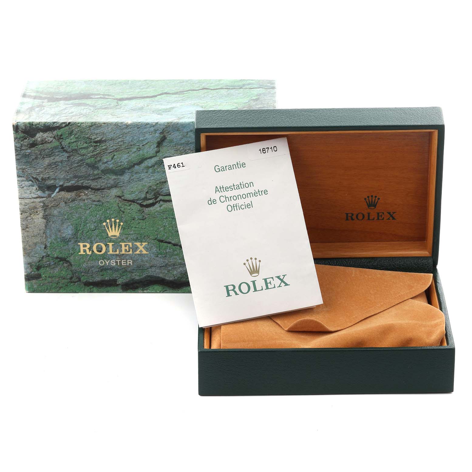 The image shows the packaging and manual for a Rolex GMT-Master 16710 Men's Stainless Steel Black Dial 16710 Men's Stainless Steel Black Dial watch, featuring the box and warranty paper.