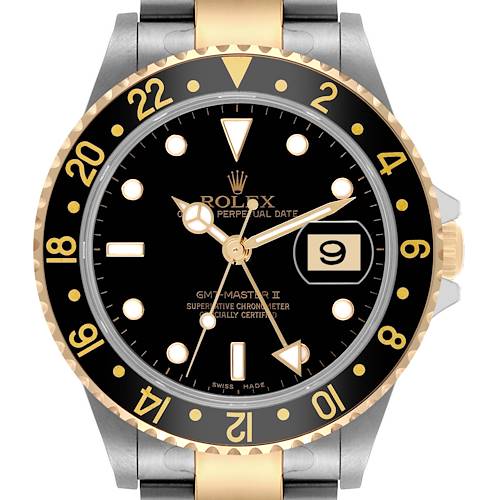 The Rolex GMT-Master 16713 Men's Steel and Gold (two tone) Black Dial 16713 Men's Steel and Gold (two tone) Black Dial watch is shown from the front, displaying its face, bezel, and part of the bracelet.