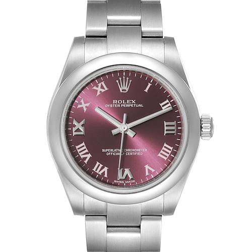 This image shows a front view of a Rolex Oyster Perpetual Mid-Size watch with a purple dial and silver Roman numerals.