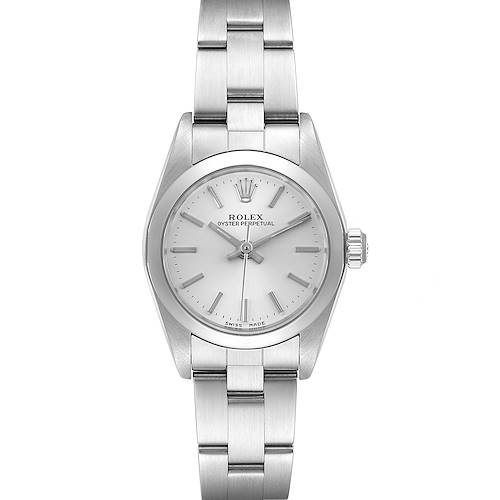 The image shows a front view of the Rolex Oyster Perpetual 76080 Women's Stainless Steel Silver Dial 76080 Women's Stainless Steel Silver Dial watch, displaying the face, bezel, crown, and bracelet.