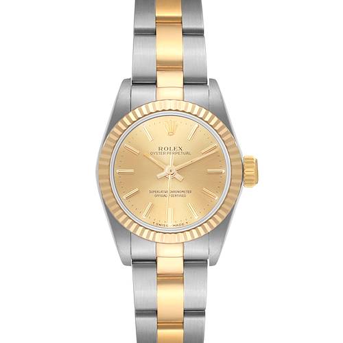 The Rolex Oyster Perpetual 67193 Women's Steel and Gold (two tone) Champagne Dial 67193 Women's Steel and Gold (two tone) Champagne Dial watch is shown from the front, displaying the face, bezel, and two-tone bracelet.