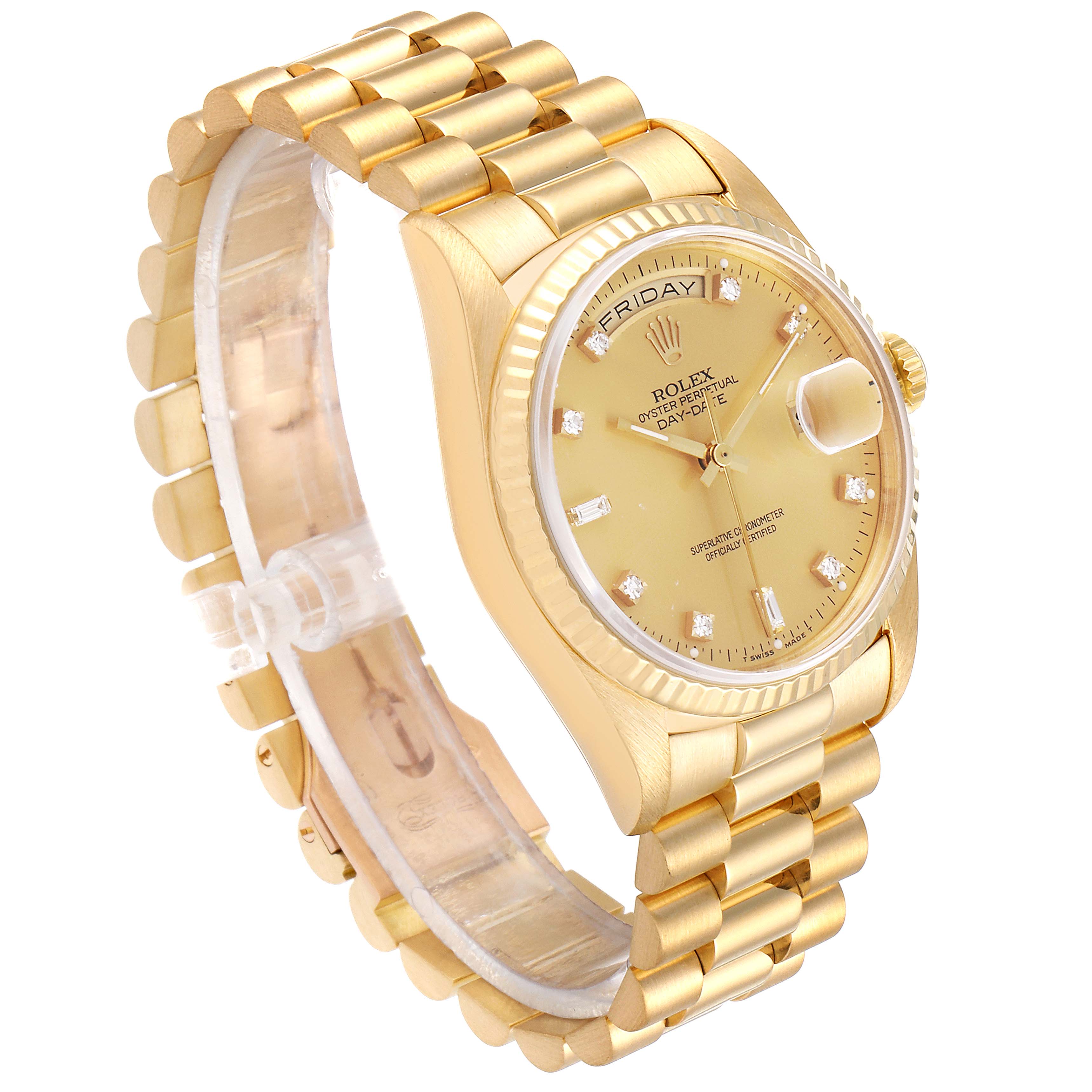 The President model Rolex watch is shown from a three-quarter angle, displaying the dial, bezel, and bracelet.