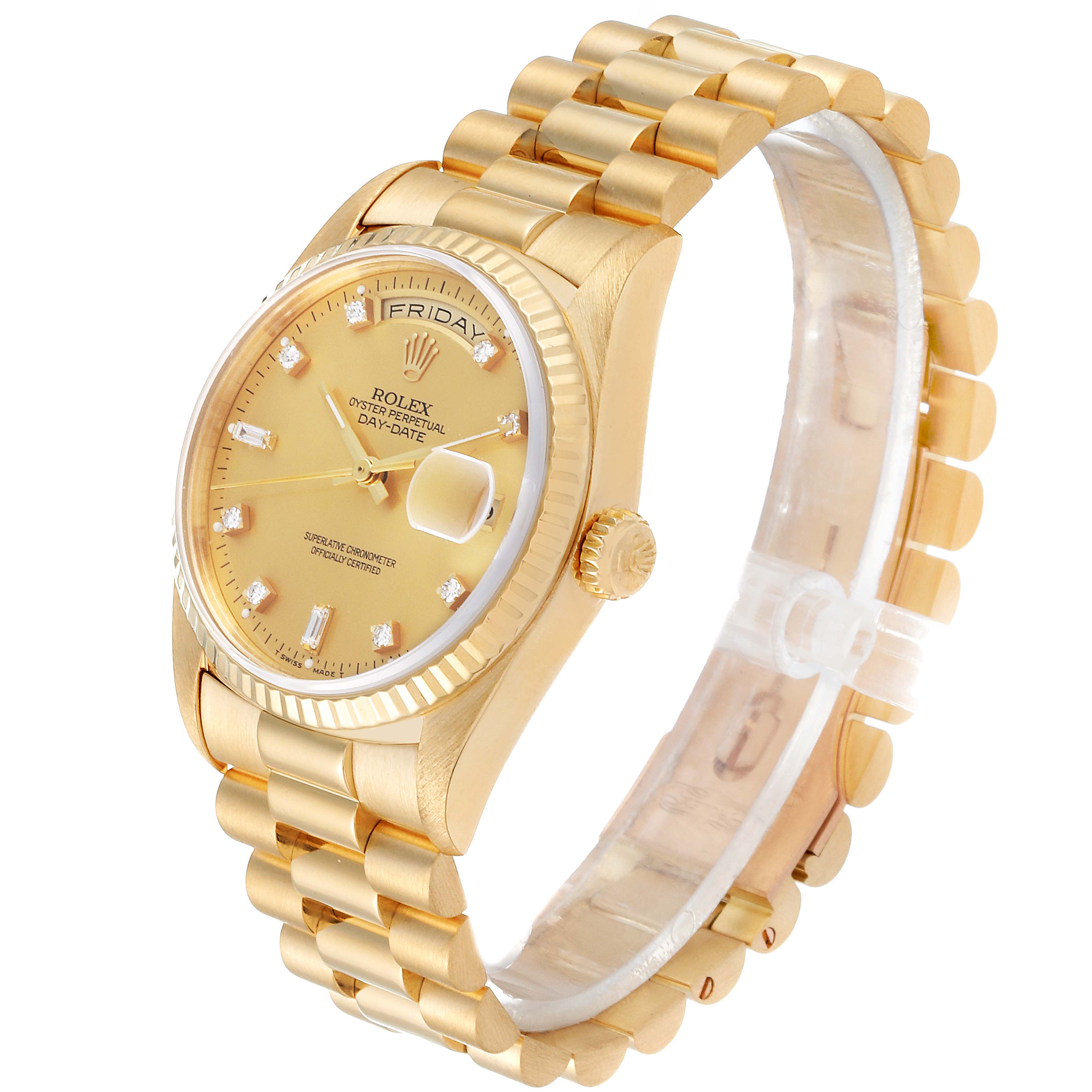 The image shows a side angle of a Rolex President 18238 Men's Yellow Gold Champagne Dial 18238 Men's Yellow Gold Champagne Dial model watch, highlighting its gold bracelet, crown, and dial.