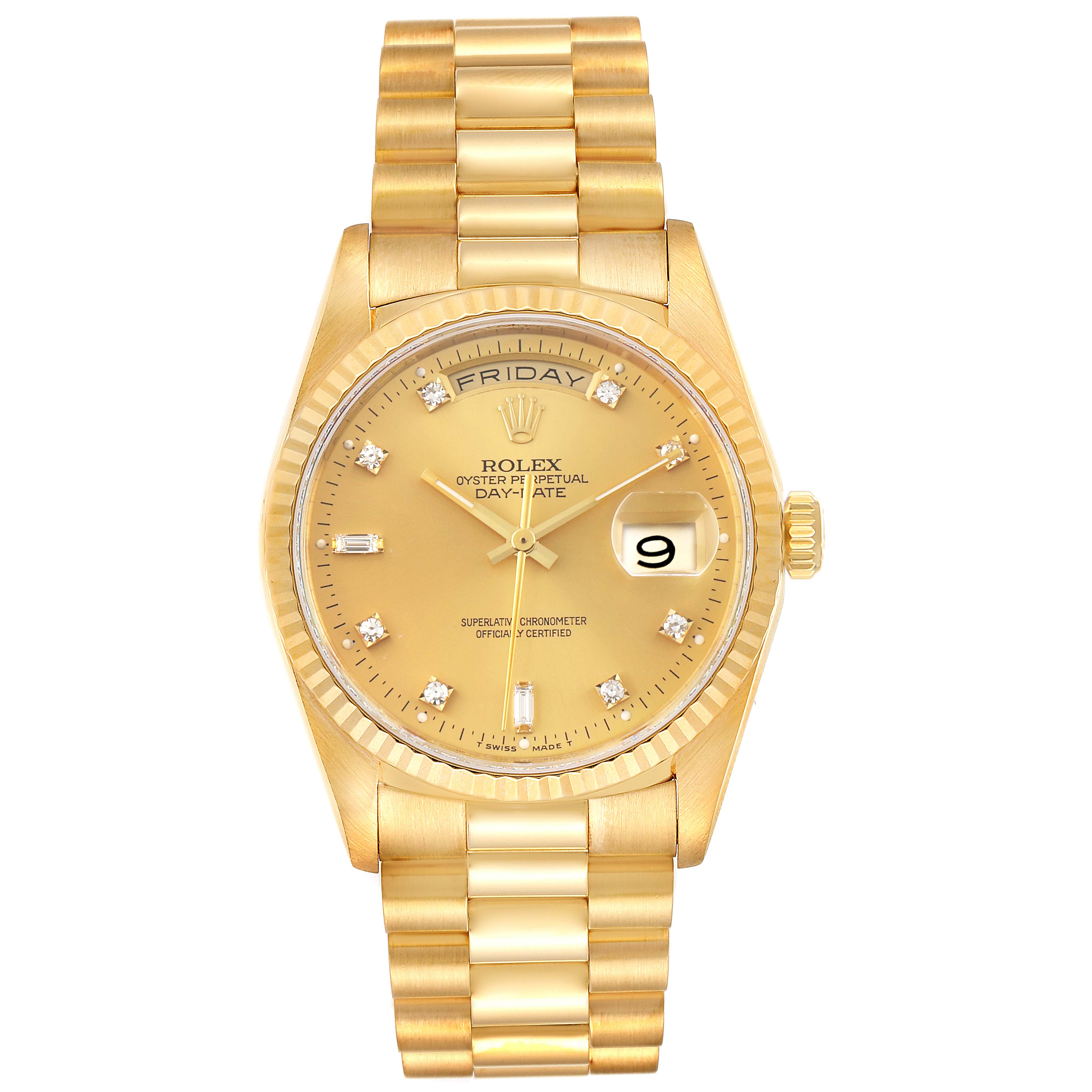 The image shows a front view of a Rolex President 18238 Men's Yellow Gold Champagne Dial 18238 Men's Yellow Gold Champagne Dial model watch, displaying the dial, bezel, bracelet, and day-date window.