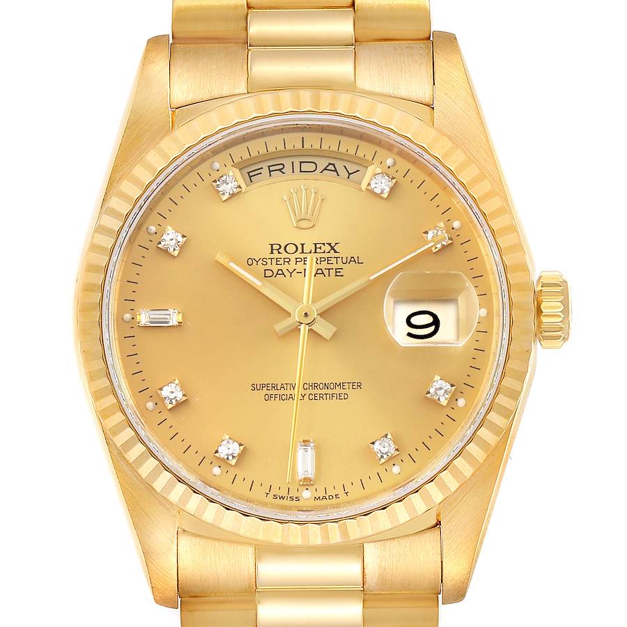This image shows a frontal view of the Rolex President 18238 Men's Yellow Gold Champagne Dial 18238 Men's Yellow Gold Champagne Dial Day-Date watch, displaying its gold dial, day and date windows, and fluted bezel.
