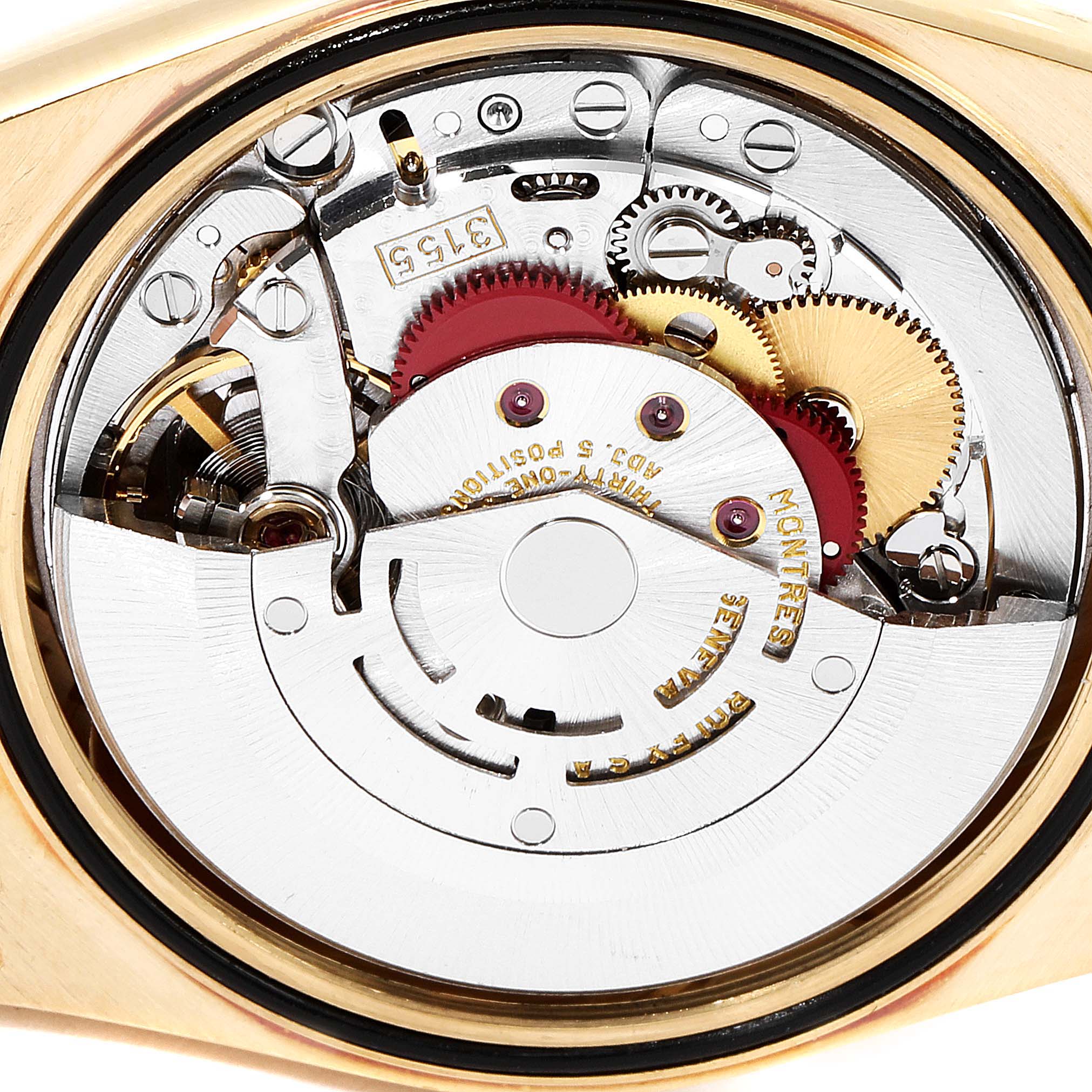 The image shows the internal mechanism of a Rolex President 18238 Men's Yellow Gold Champagne Dial 18238 Men's Yellow Gold Champagne Dial model watch, viewed from the back.