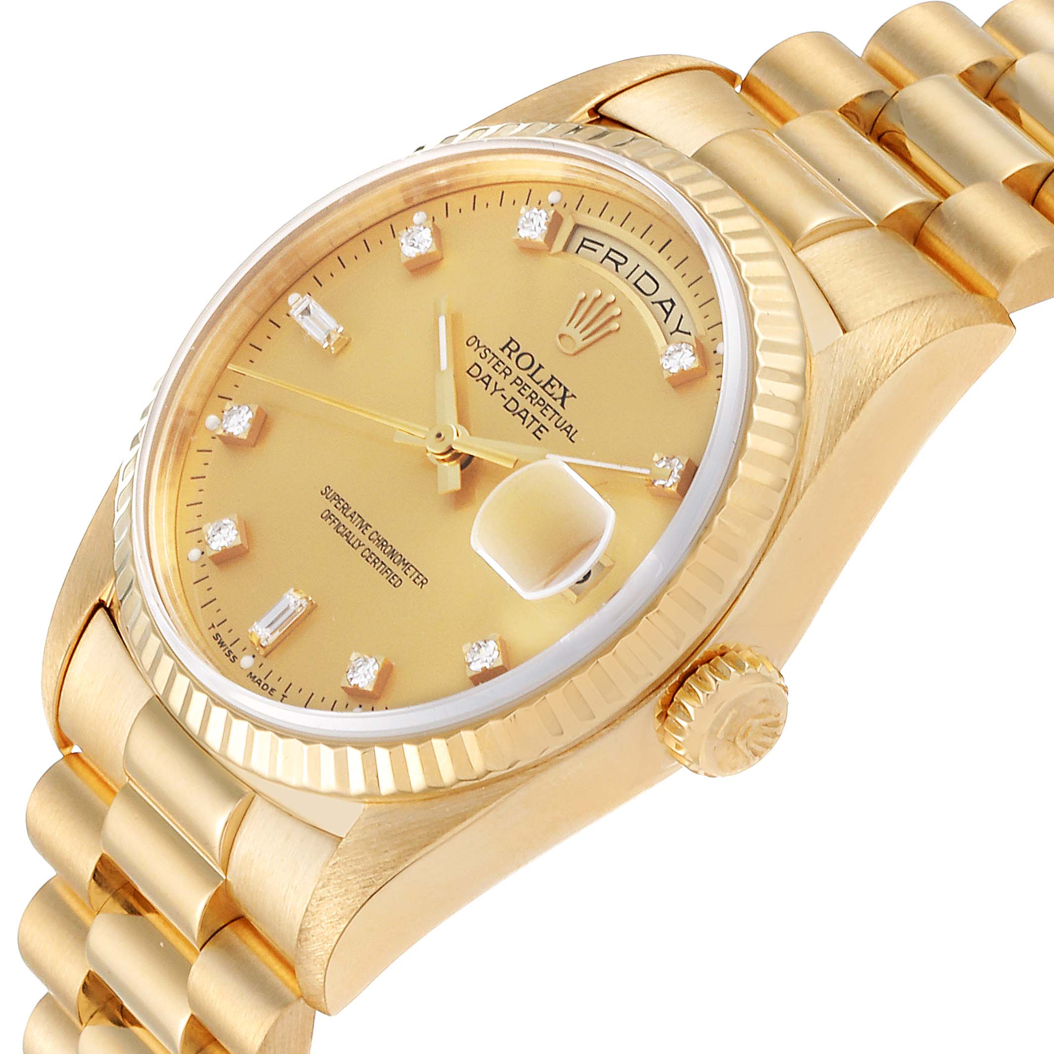 The image shows a side angle of a Rolex President 18238 Men's Yellow Gold Champagne Dial 18238 Men's Yellow Gold Champagne Dial model, highlighting the dial, crown, and bracelet.