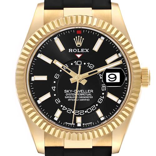 The Rolex Sky-Dweller 336238 Men's Yellow Gold Black Dial 336238 Men's Yellow Gold Black Dial watch is shown from the front, highlighting its black dial, gold case, bezel, and crown.